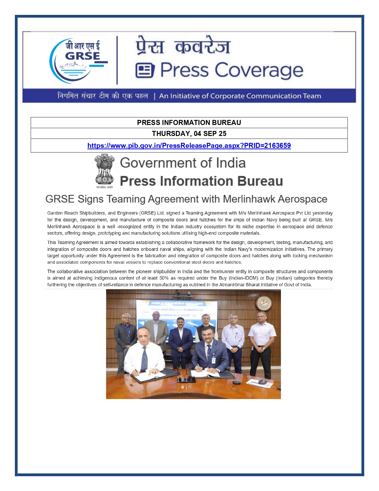 Press Coverage : 04 Sept 25:GRSE inks pact with Merlinhawk Aerospace for naval ship composite doors